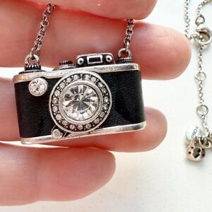 Fossil Rhinestone Camera Pendant Necklace Black Silver